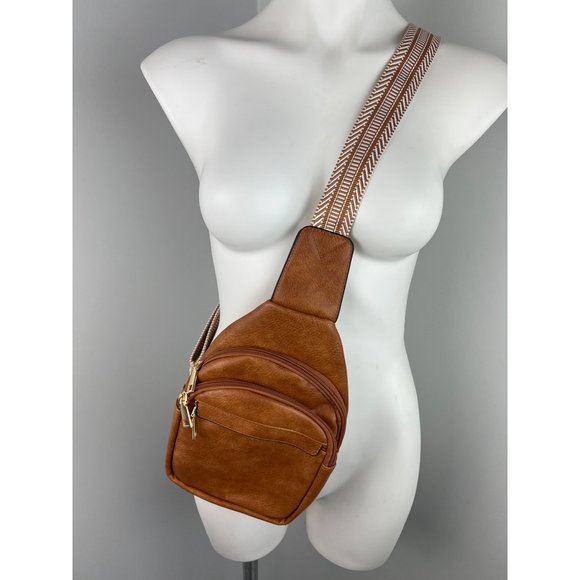 Brown Vegan Faux Leather Guitar Strap Crossbody Sling Bag - Picture 4 of 8